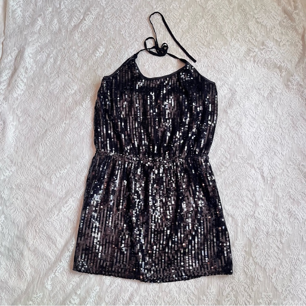 Black brand black sequin halter tie mini dress